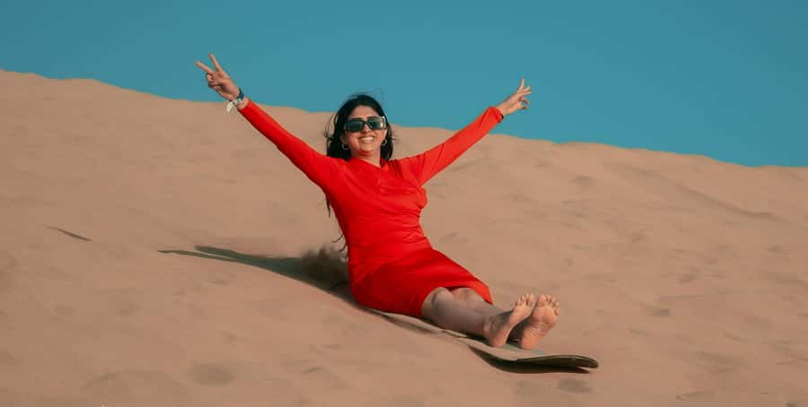 Agadir/Taghazout: Sandboarding & Sunset Tea with Fire Show - First sight of the Timlalin Dunes