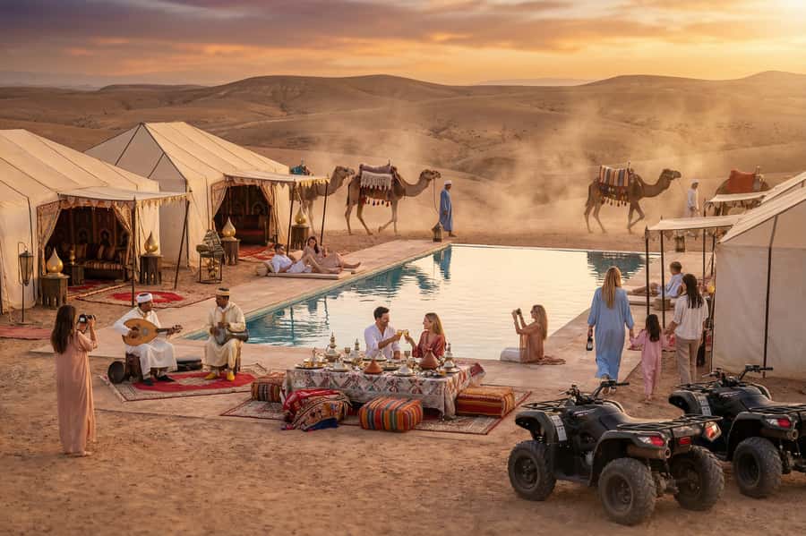 Agafay Desert: Sunset Camel, Quad Bike & Dinner Show, Pool - Berber music, dancing, and fire after dark