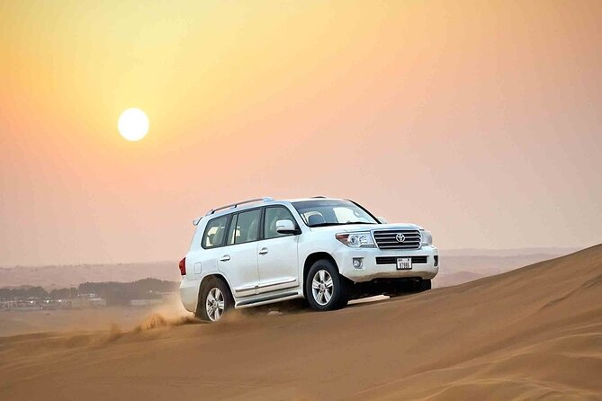Dubai Desert Safari 20 mins Dune Bashing BBQ Live Show Camel Ride - Camel riding, sandboarding, and desert photographs