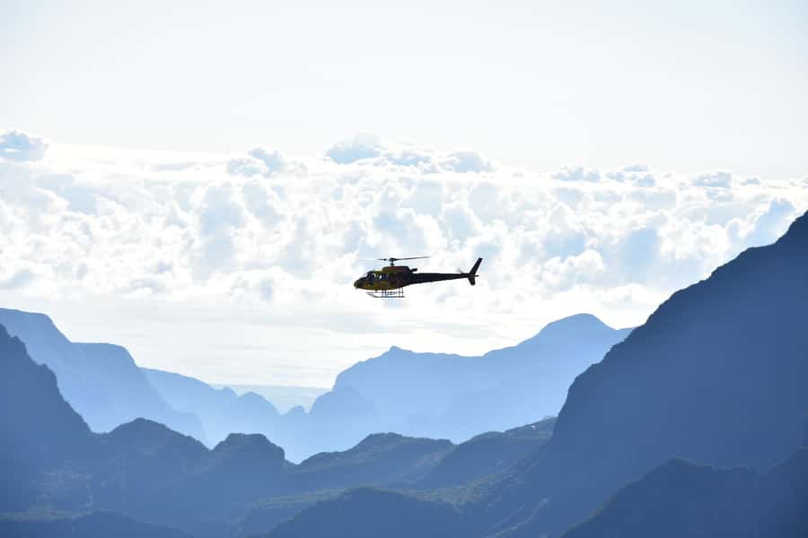 Helicopter flight over Reunion's volcanoes and cirques from St Pierre - Cirque de Cilaos and Piton des Neiges
